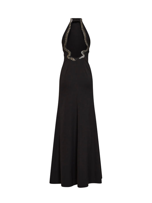 Abito lungo in crêpe stretch nero con ricamo serpente