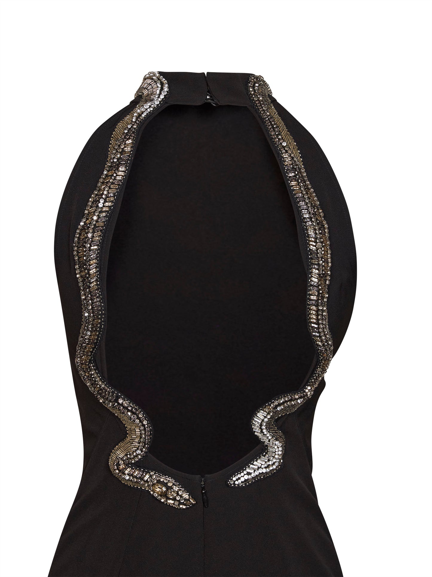 Abito lungo in crêpe stretch nero con ricamo serpente