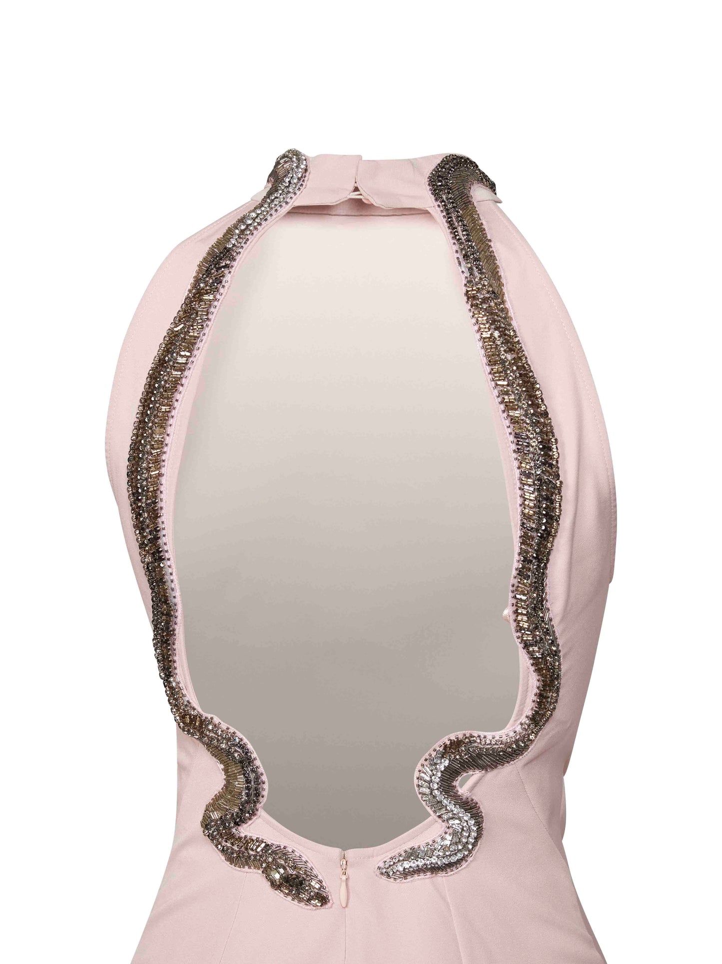 Abito lungo in crêpe stretch cipria con ricamo serpente