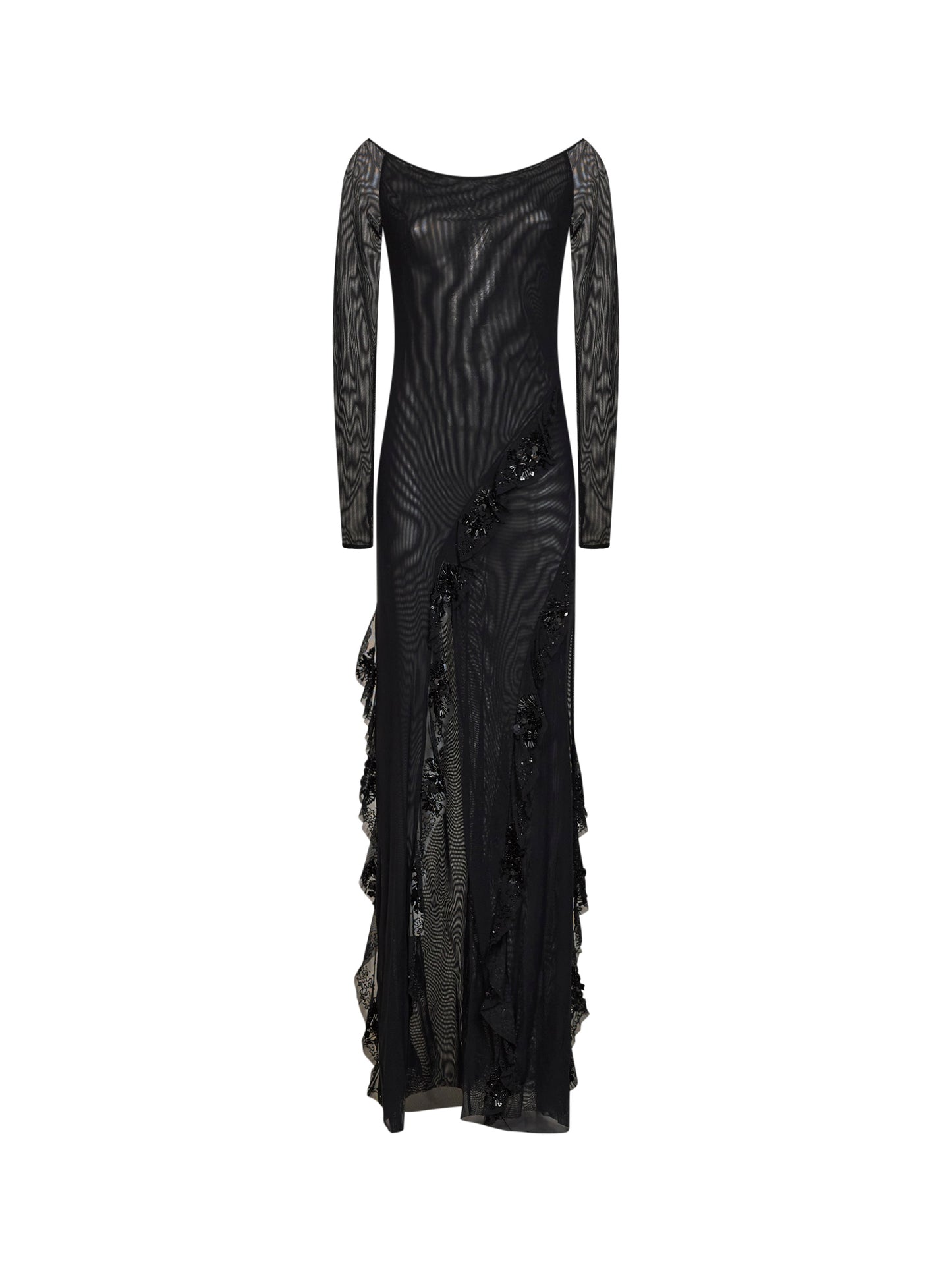 Abito lungo in tulle sytretch nero con ruches ricamate