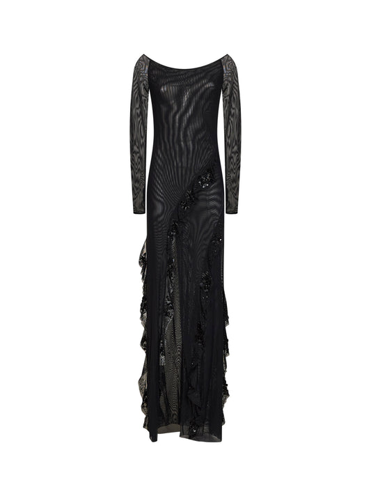 Abito lungo in tulle sytretch nero con ruches ricamate