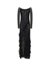 Abito lungo in tulle sytretch nero con ruches ricamate