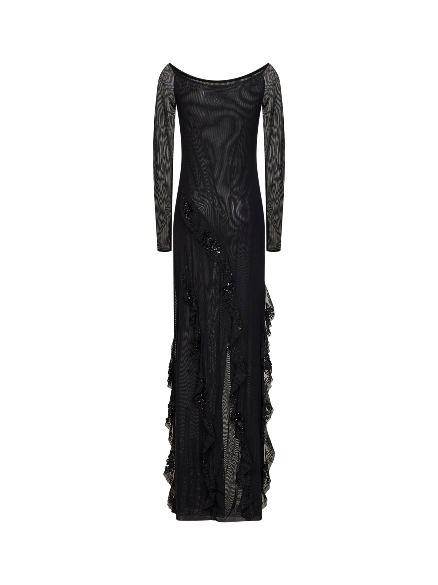 Abito lungo in tulle sytretch nero con ruches ricamate