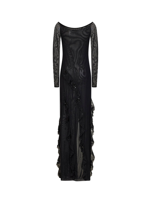 Abito lungo in tulle sytretch nero con ruches ricamate