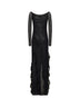 Abito lungo in tulle sytretch nero con ruches ricamate