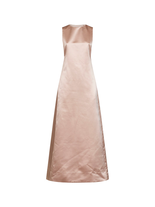 Abito lungo in duchesse champagne con spilla fiocco