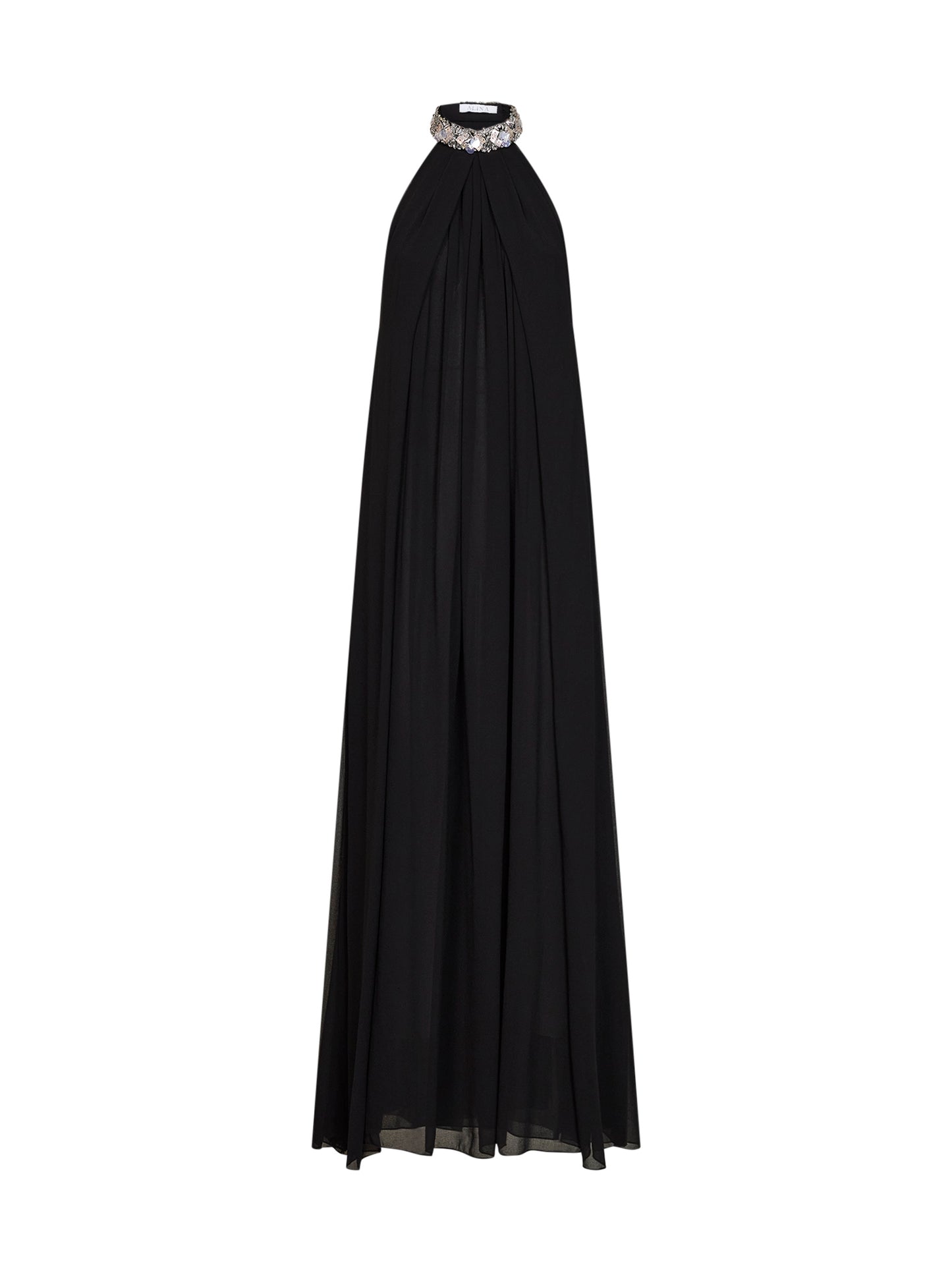 Abito lungo in georgette nero con ricamo in cristalli