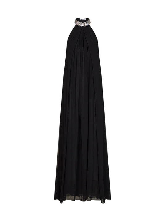 Abito lungo in georgette nero con ricamo in cristalli