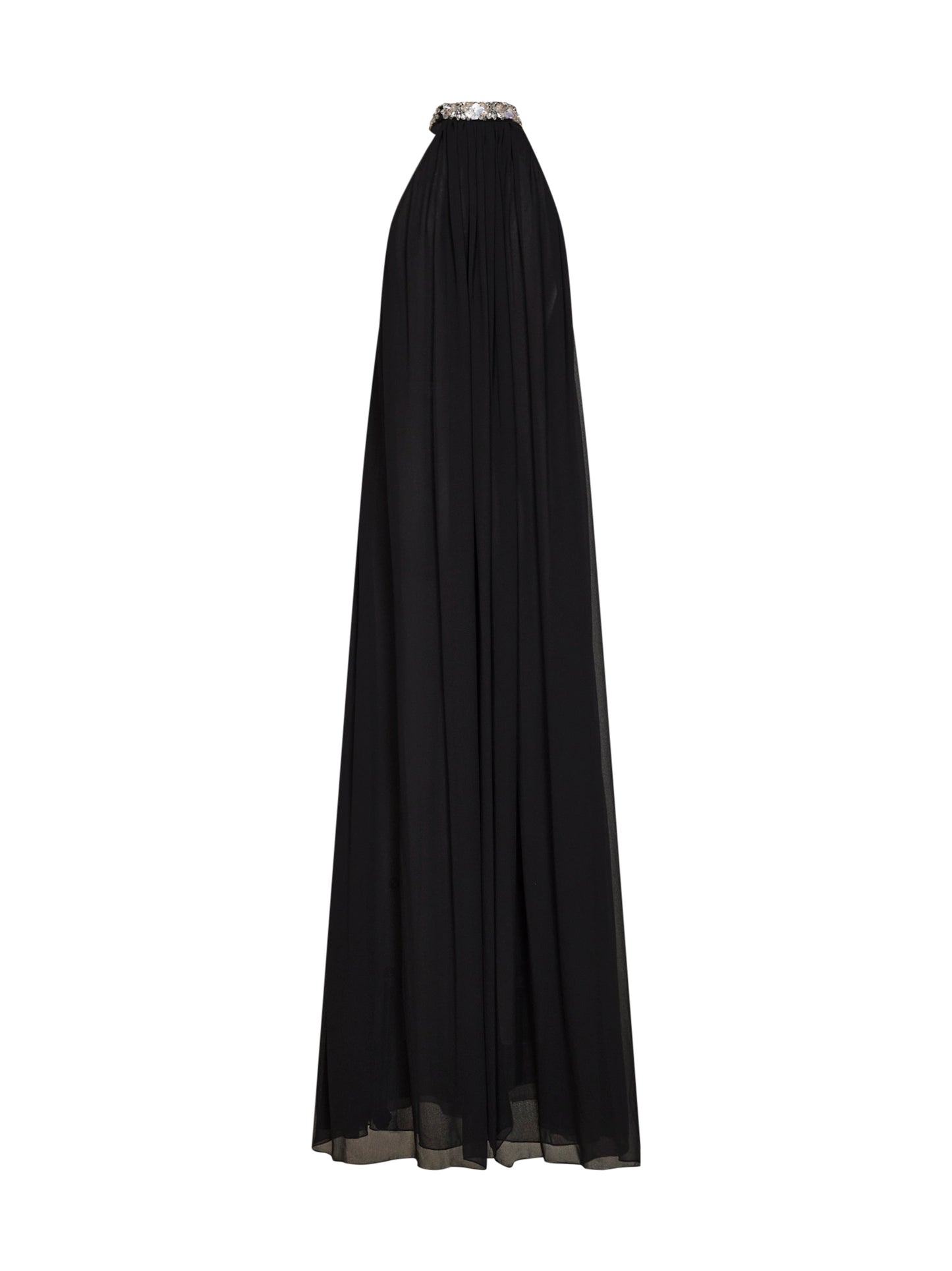 Abito lungo in georgette nero con ricamo in cristalli