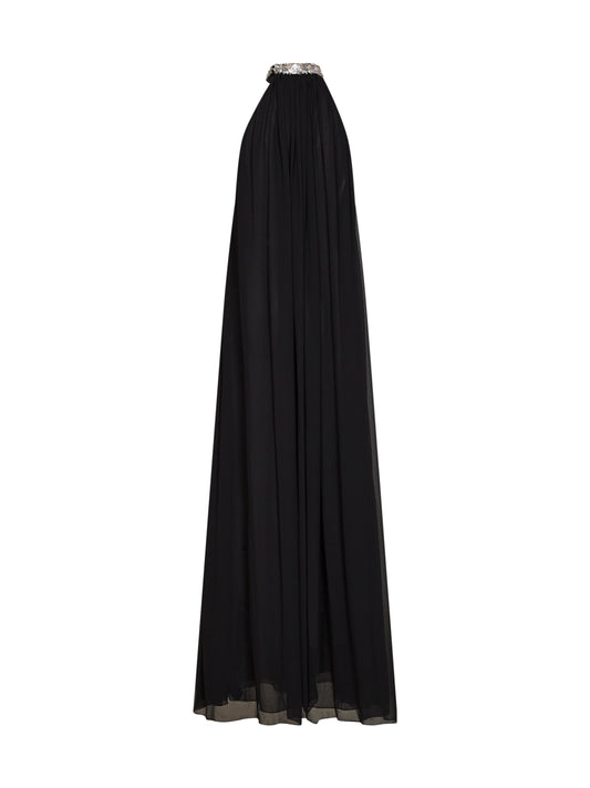 Abito lungo in georgette nero con ricamo in cristalli