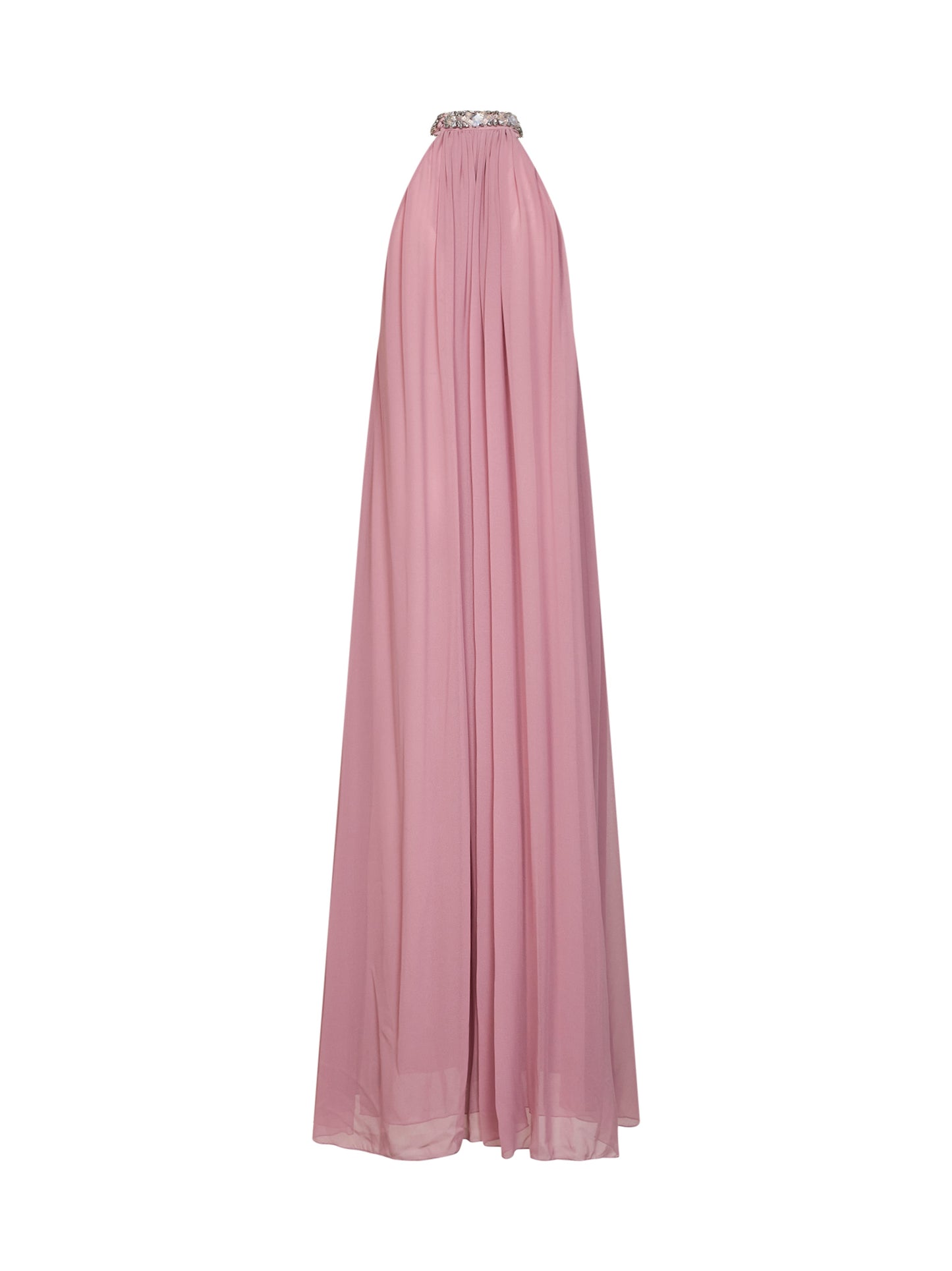 Abito lungo in georgette rosa con ricamo in cristalli