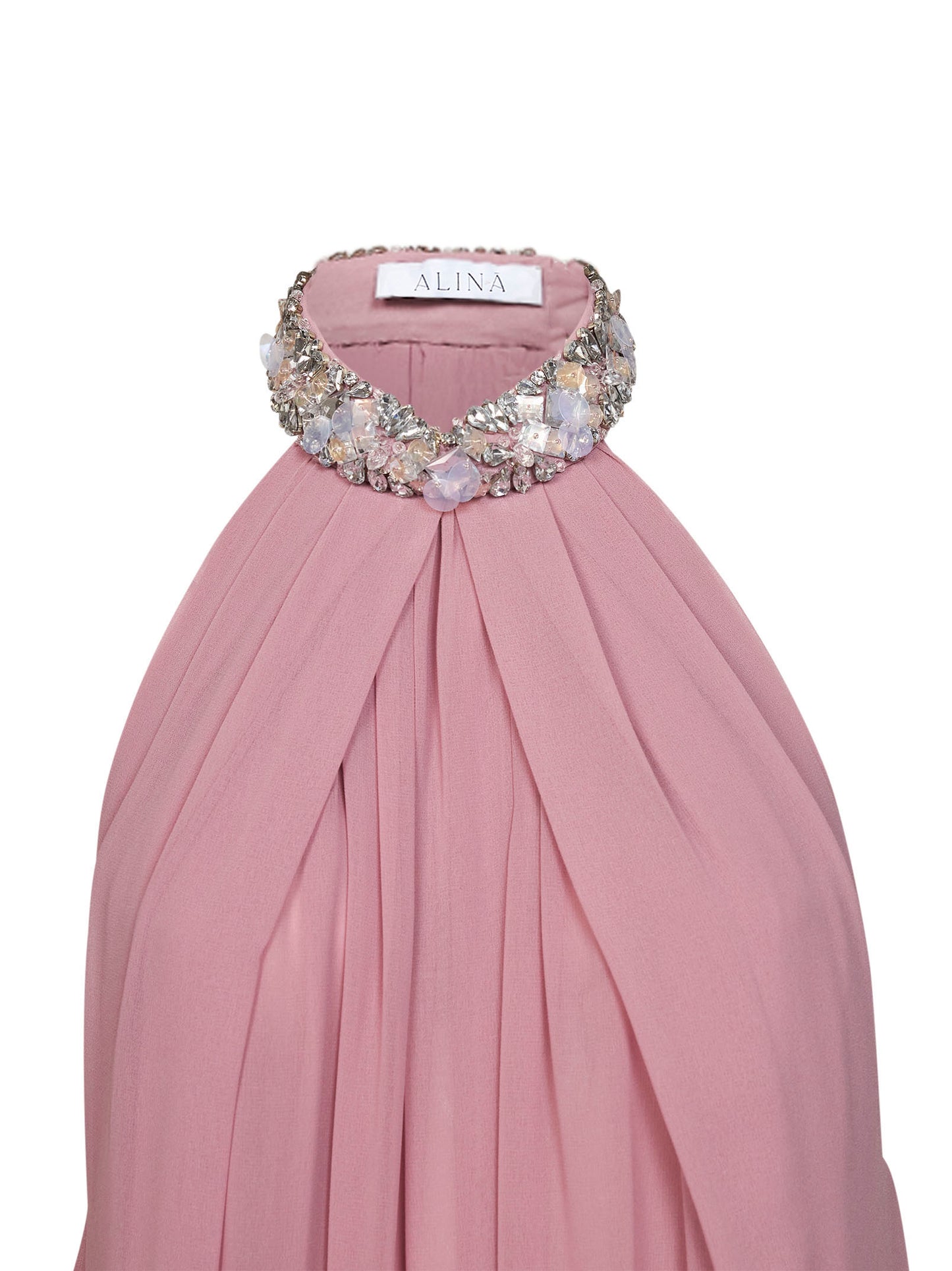 Abito lungo in georgette rosa con ricamo in cristalli