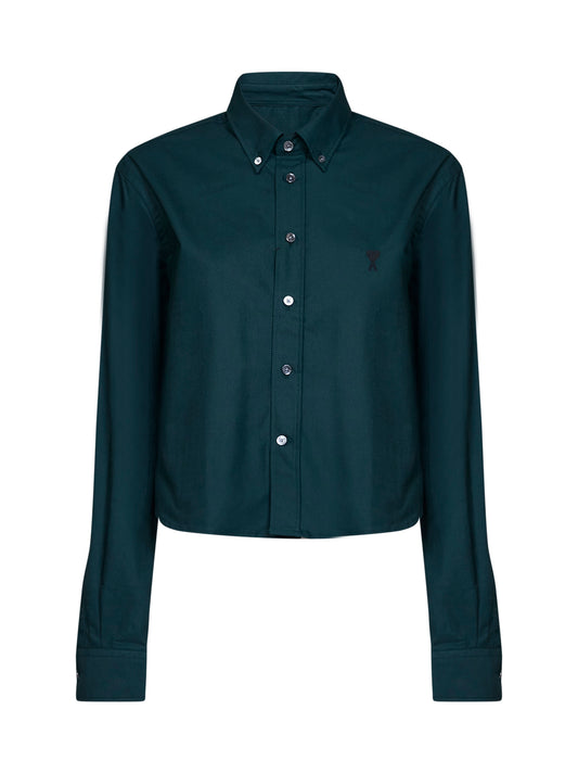 Camicia crop in popeline di cotone verde