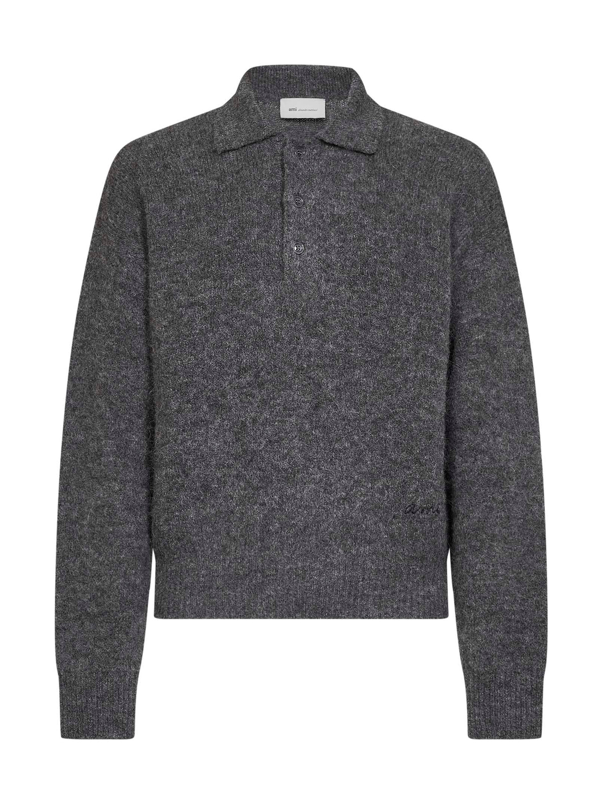 Charcoal grey alpaca-blend knit embroidered polo shirt