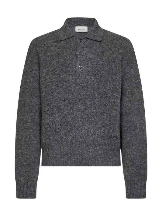 Polo con ricamo in maglia misto alpaca grigio carbone