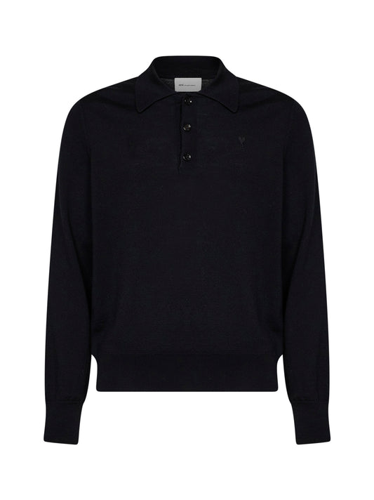 Black extra-fine merino wool knit Ami de Cœur polo shirt
