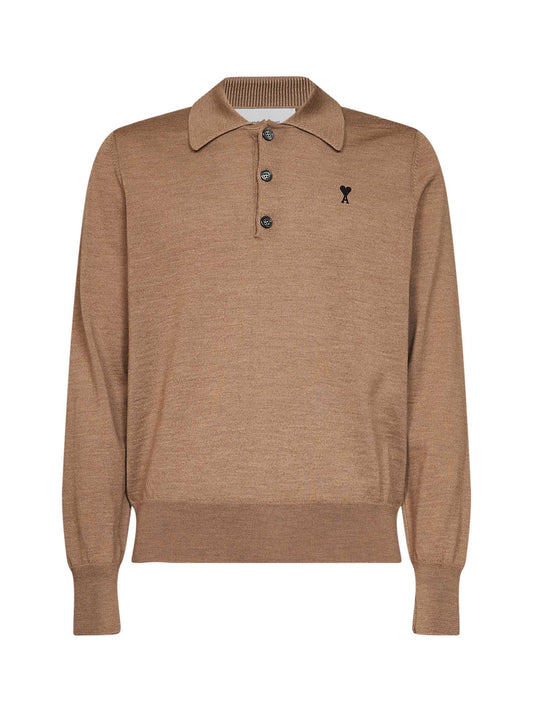 Camel extra-fine merino wool knit Ami de Cœur polo shirt