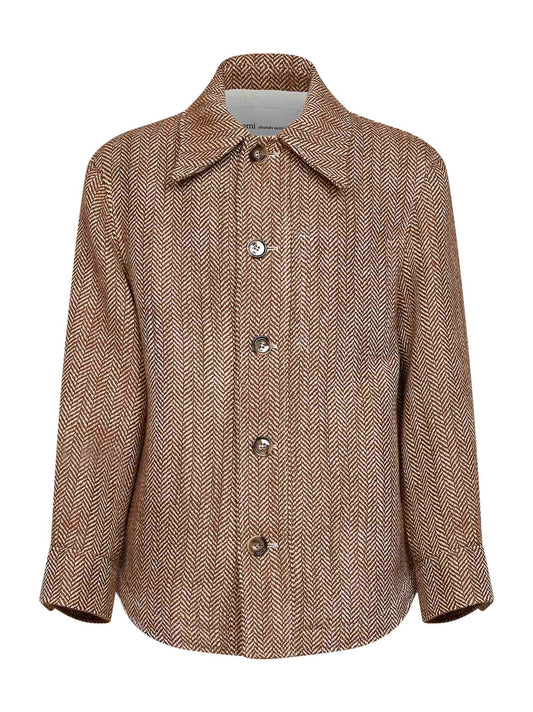 Giacca camicia in lana a spina di pesce marrone