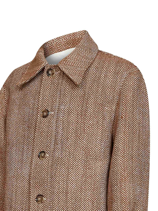 Giacca camicia in lana a spina di pesce marrone