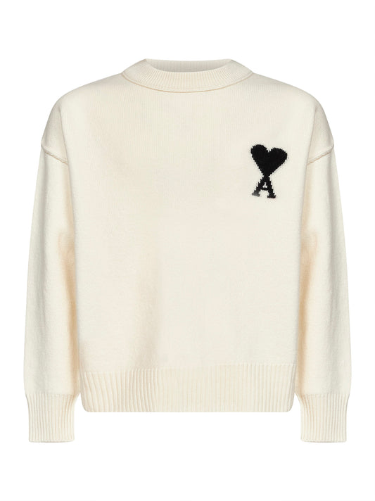 Ecru felted merino wool Ami de Cœur crewneck sweater