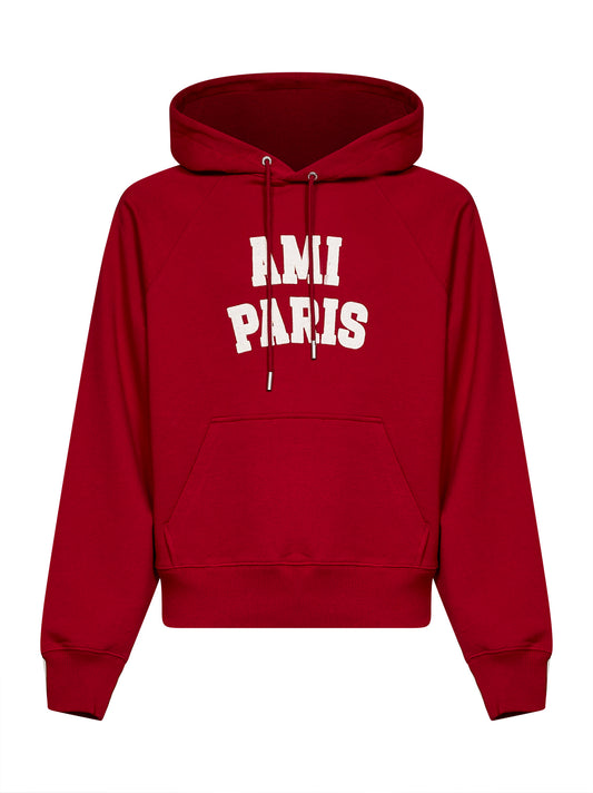 Red loopback cotton hoodie with Ami Paris embroidery