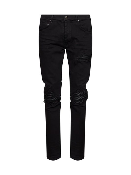 Black stretch cotton denim MX1 jeans with patches