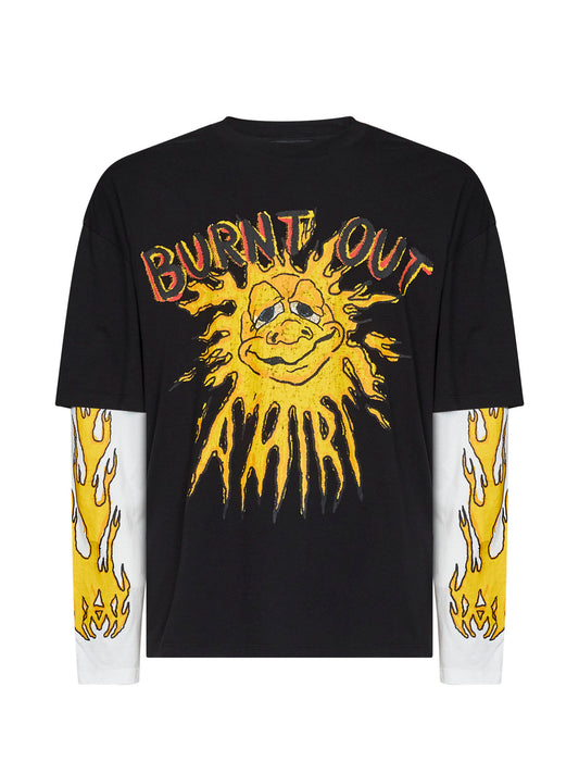 Black cotton jersey Burnt Out double-sleeve T-shirt
