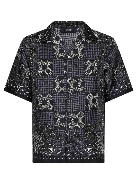 Camicia bowling MA Check in seta stampata nera
