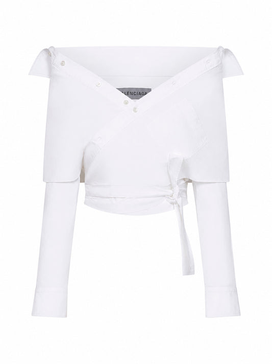 White cotton poplin Off-Shoulder Wrap Shirt