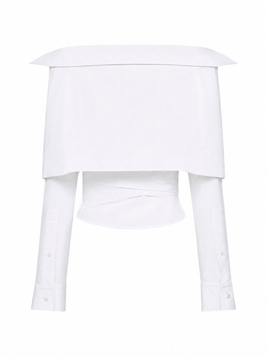 White cotton poplin Off-Shoulder Wrap Shirt