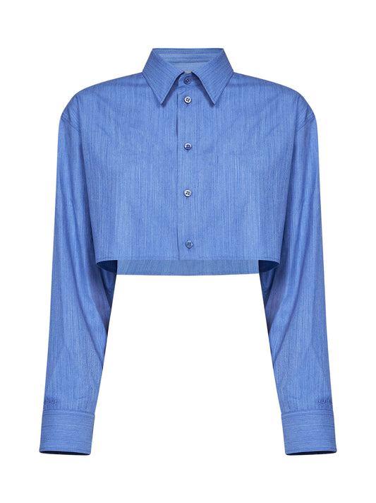 Blue fluid heather wool-silk blend Cropped Shirt