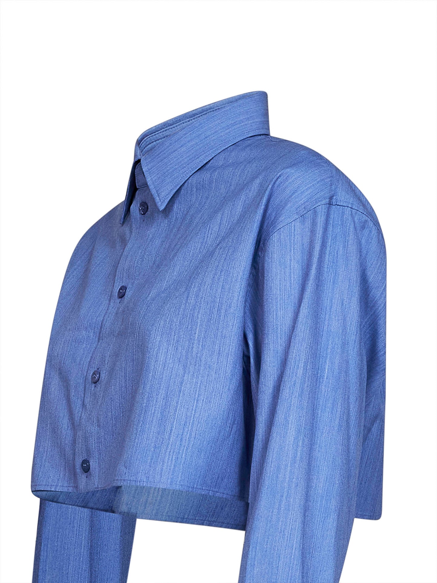 Blue fluid heather wool-silk blend Cropped Shirt