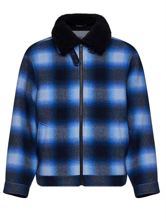 Blue and black check flannel bomber jacket.