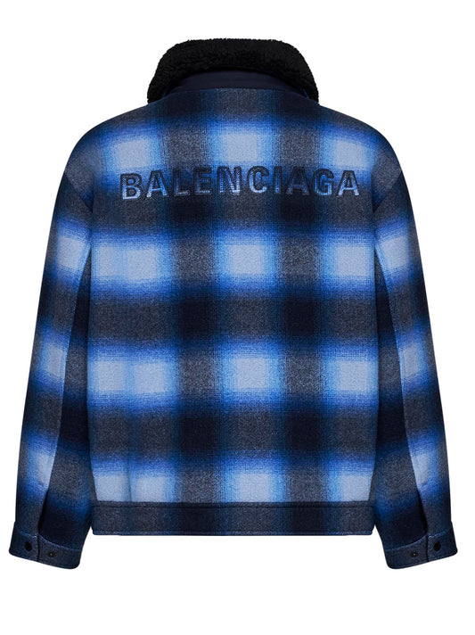 Blue and black check flannel bomber jacket.