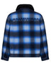 Blue and black check flannel bomber jacket.