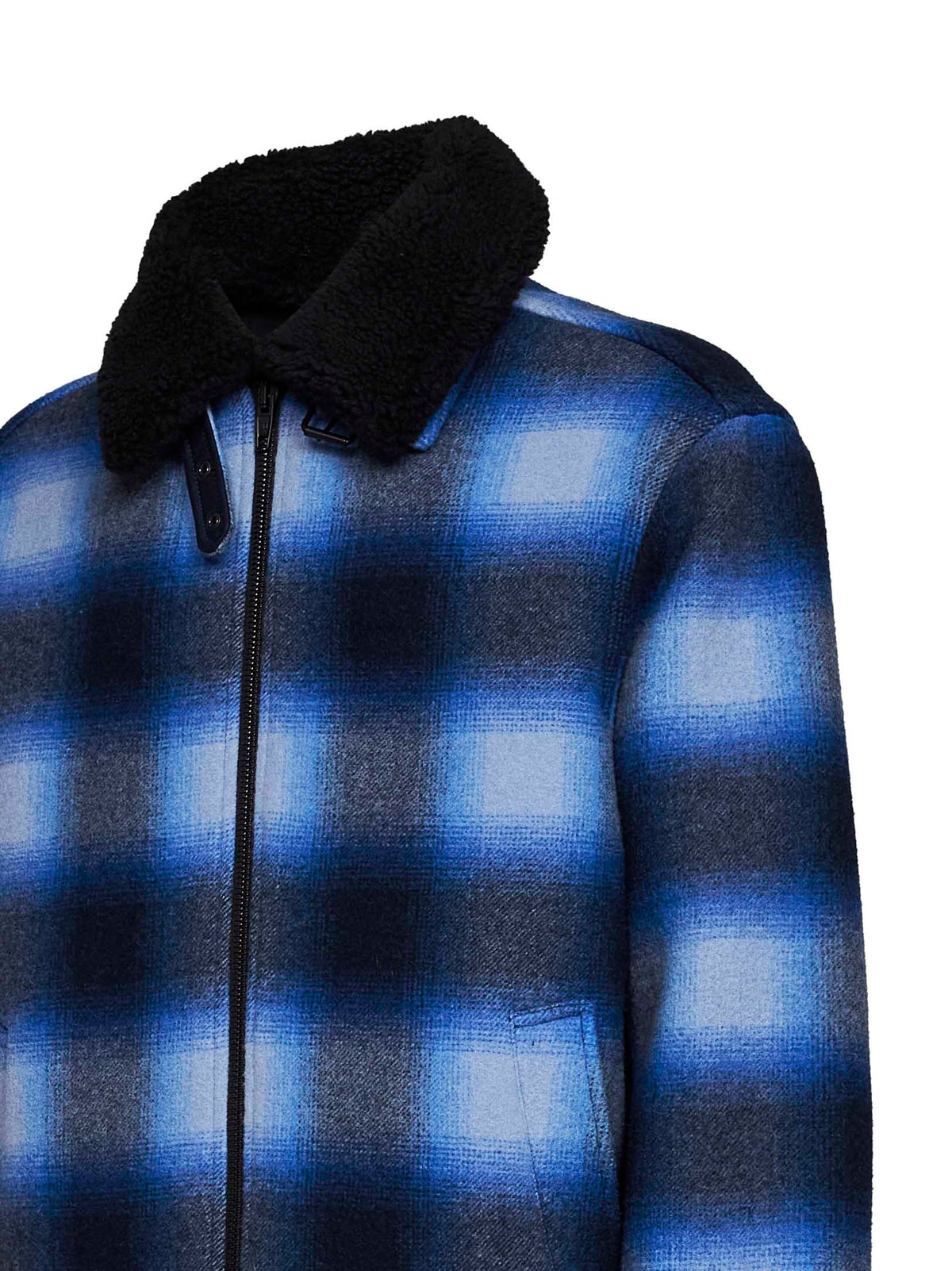 Blue and black check flannel bomber jacket.