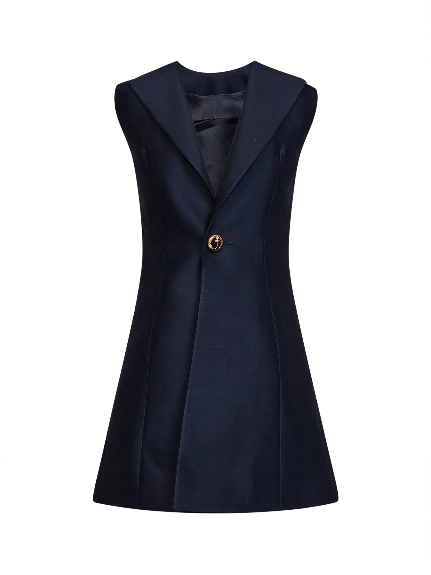 Miniabito a trapezio stile blazer in lana e seta blu navy