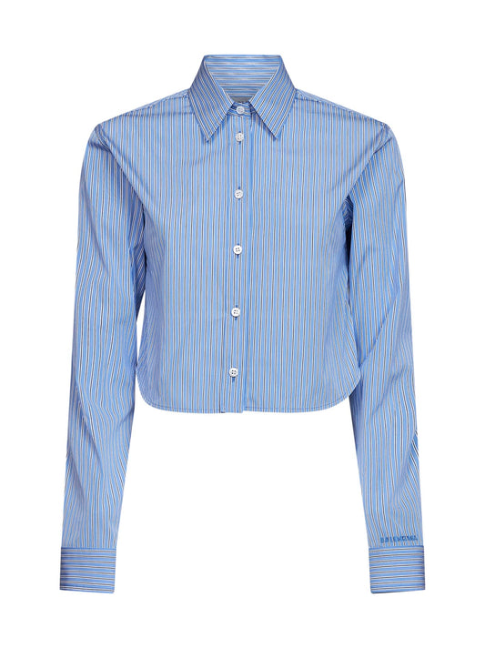 Camicia A Righe Cropped in popeline tecnico ultra fine blu e navy