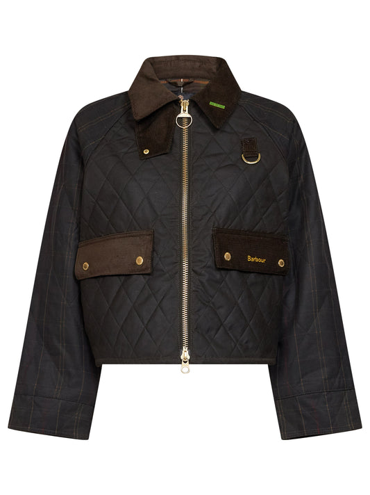 Giubbino Spey in cotone cerato trapuntato e tessuto tartan oliva