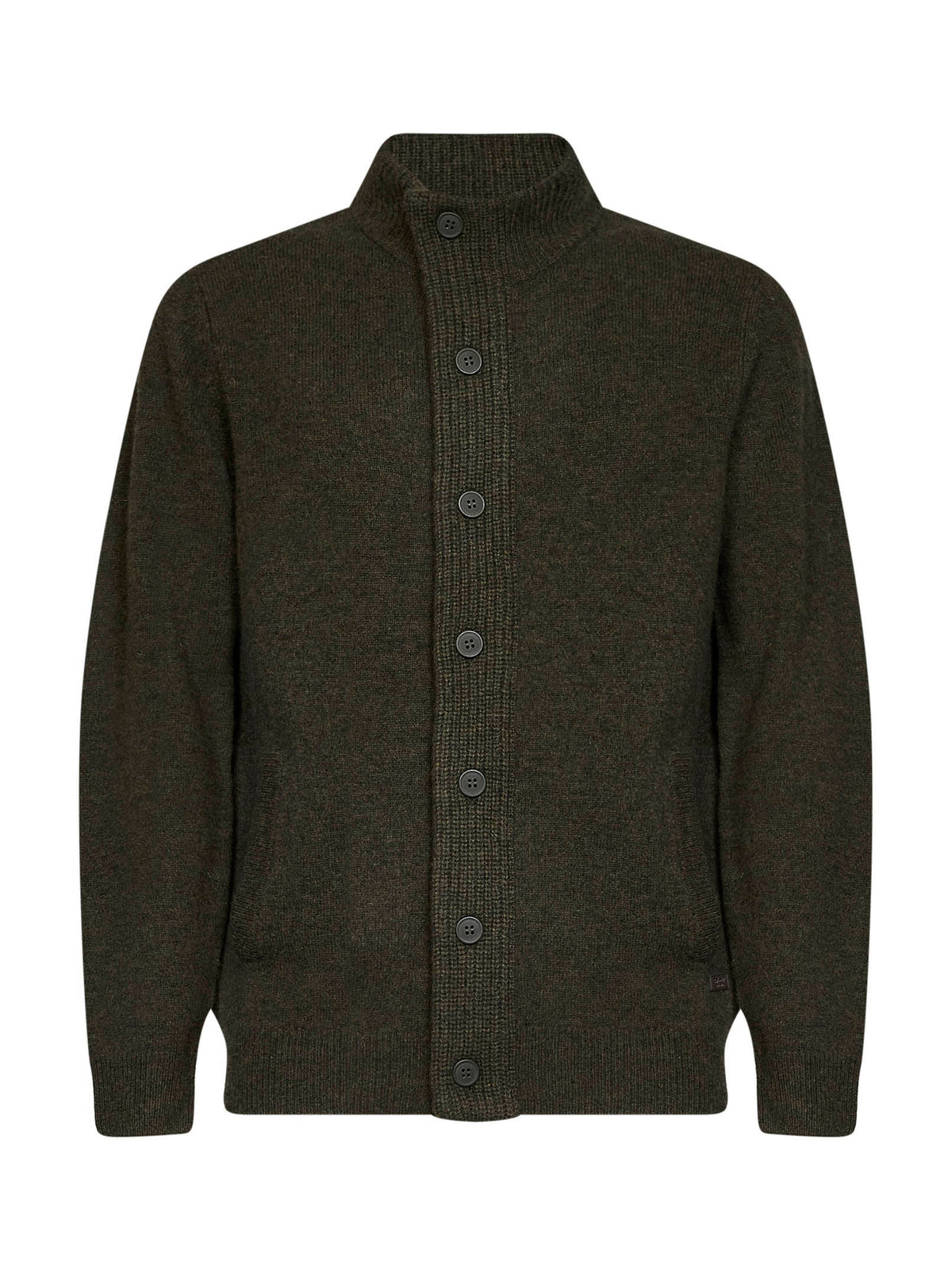 Cardigan con zip e bottoni in lana verde con toppe