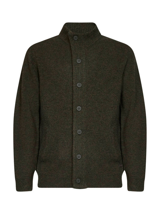 Cardigan con zip e bottoni in lana verde con toppe