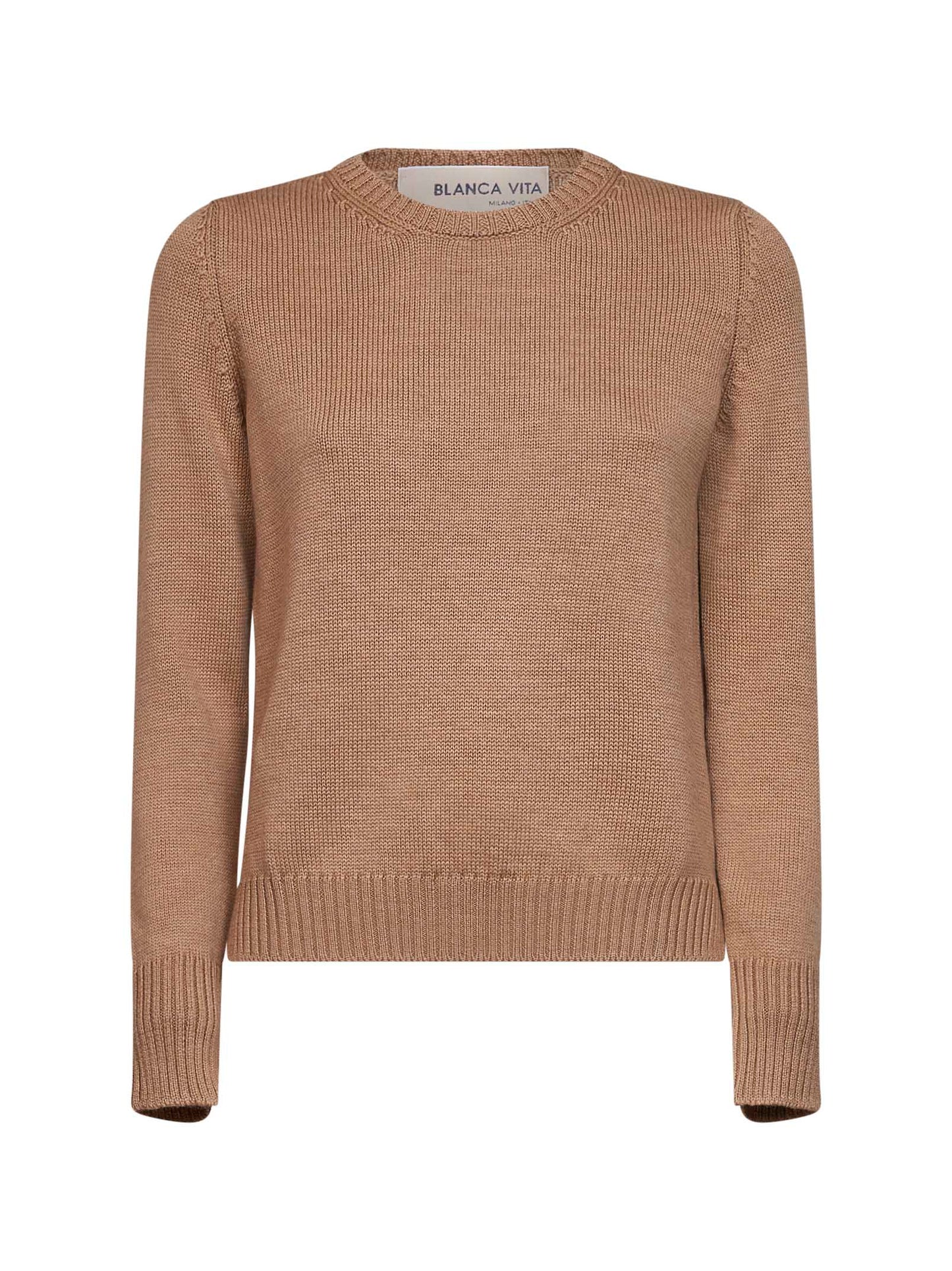 Camel virgin wool knit crewneck sweater