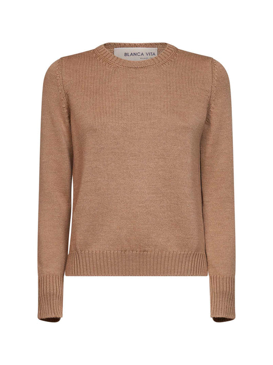 Camel virgin wool knit crewneck sweater