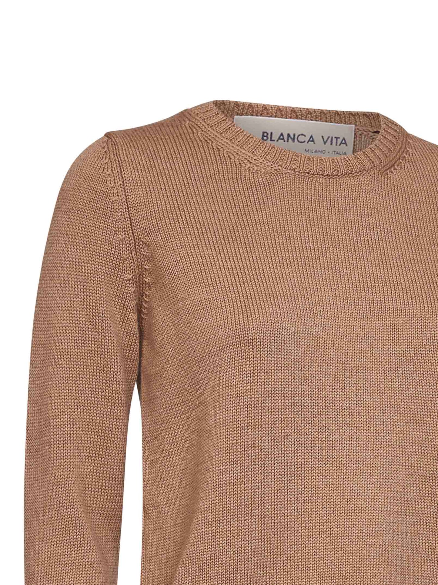Camel virgin wool knit crewneck sweater