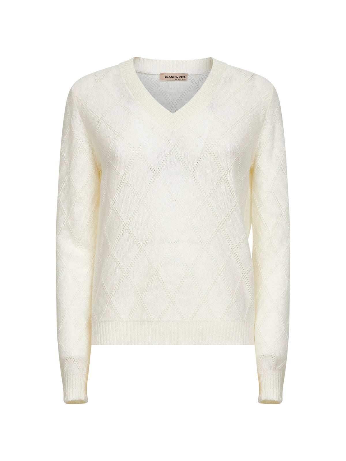 Beige openwork diamond-stitch knit cashmere sweater