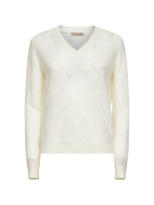 Beige openwork diamond-stitch knit cashmere sweater