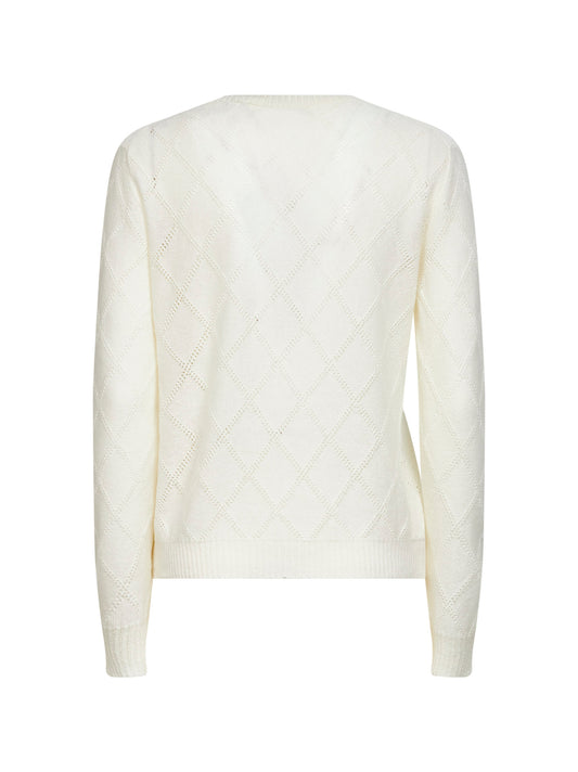 Beige openwork diamond-stitch knit cashmere sweater