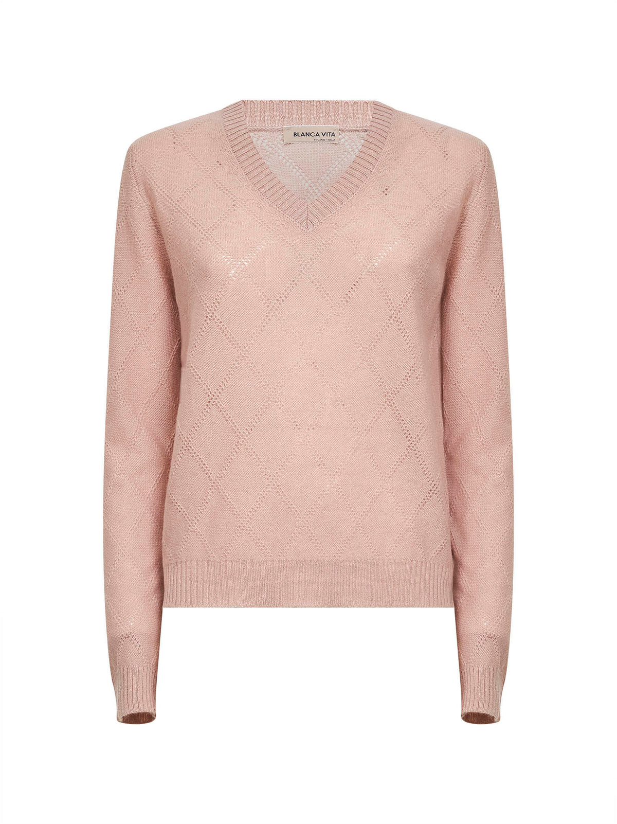 Pink openwork diamond-stitch knit cashmere sweater