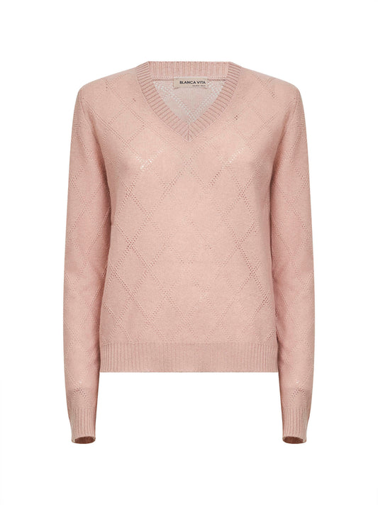 Pink openwork diamond-stitch knit cashmere sweater