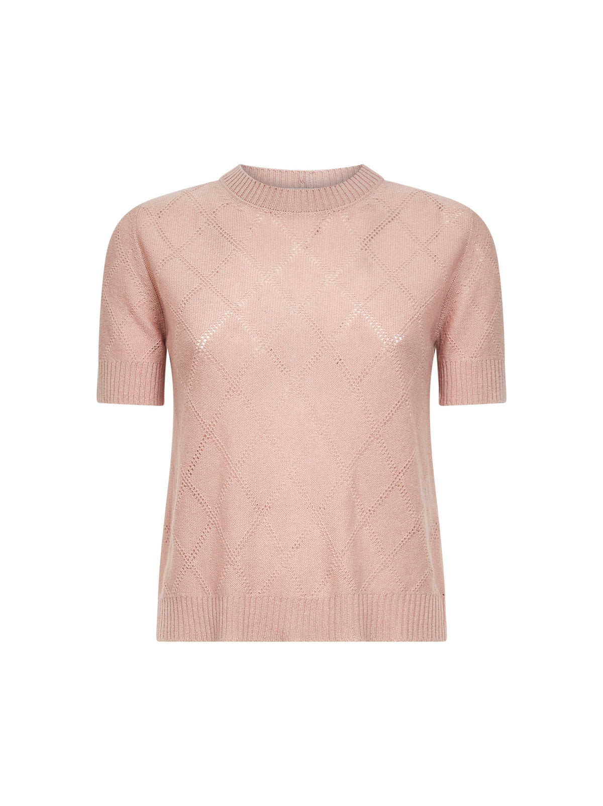 Pink openwork diamond-stitch knit cashmere button-up sweater
